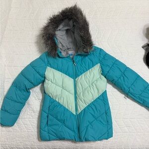 Girl Teal and Mint Puffer Jacket with Faux Fur Hood